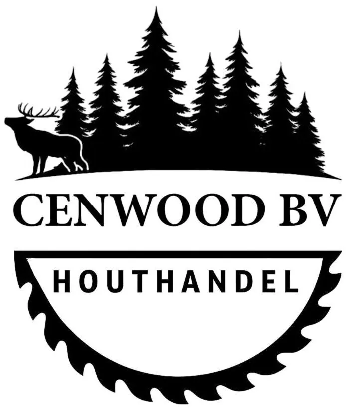 Logo van CenWood BV Houthandel met hert, dennenbomen en zaagblad