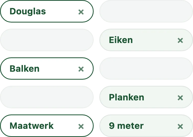Stap 1 van de offerteaanvraag: keuzeknoppen voor douglas, eiken, balken, planken en maatwerk