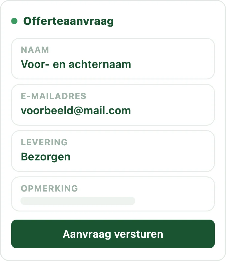 Stap 3 van de offerteaanvraag: formulier met naam, e-mailadres, levering en opmerking