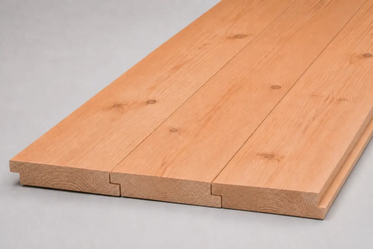 Twee douglas halfhout planken 22 x 100 mm die met de sponning over elkaar vallen