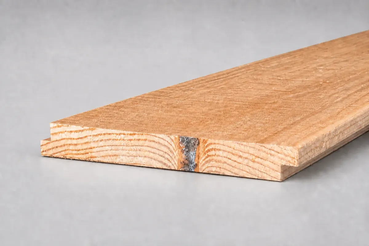 Twee douglas halfhout planken 22 x 180 mm plat naast elkaar met sluitende sponning