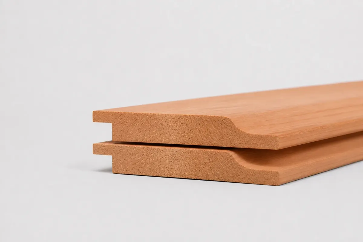 Twee douglas halfhouts rabatdelen 18 x 145 mm op elkaar met het holle profiel zichtbaar
