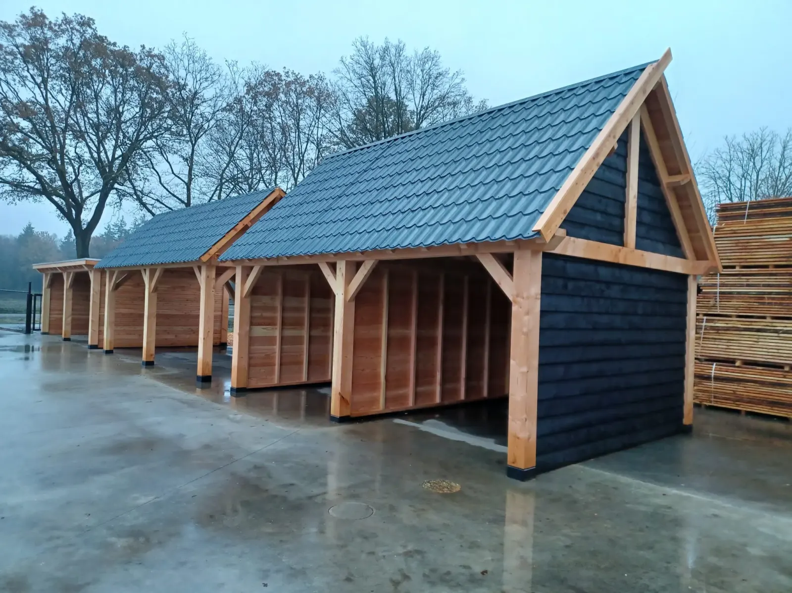 Douglas kapschuur met blauw pannendak en zwarte houten wandbekleding
