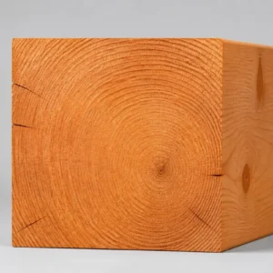 Zware geschaafde douglas paal 290 x 290 mm met jaarringen en droogscheurtjes op de kopse kant