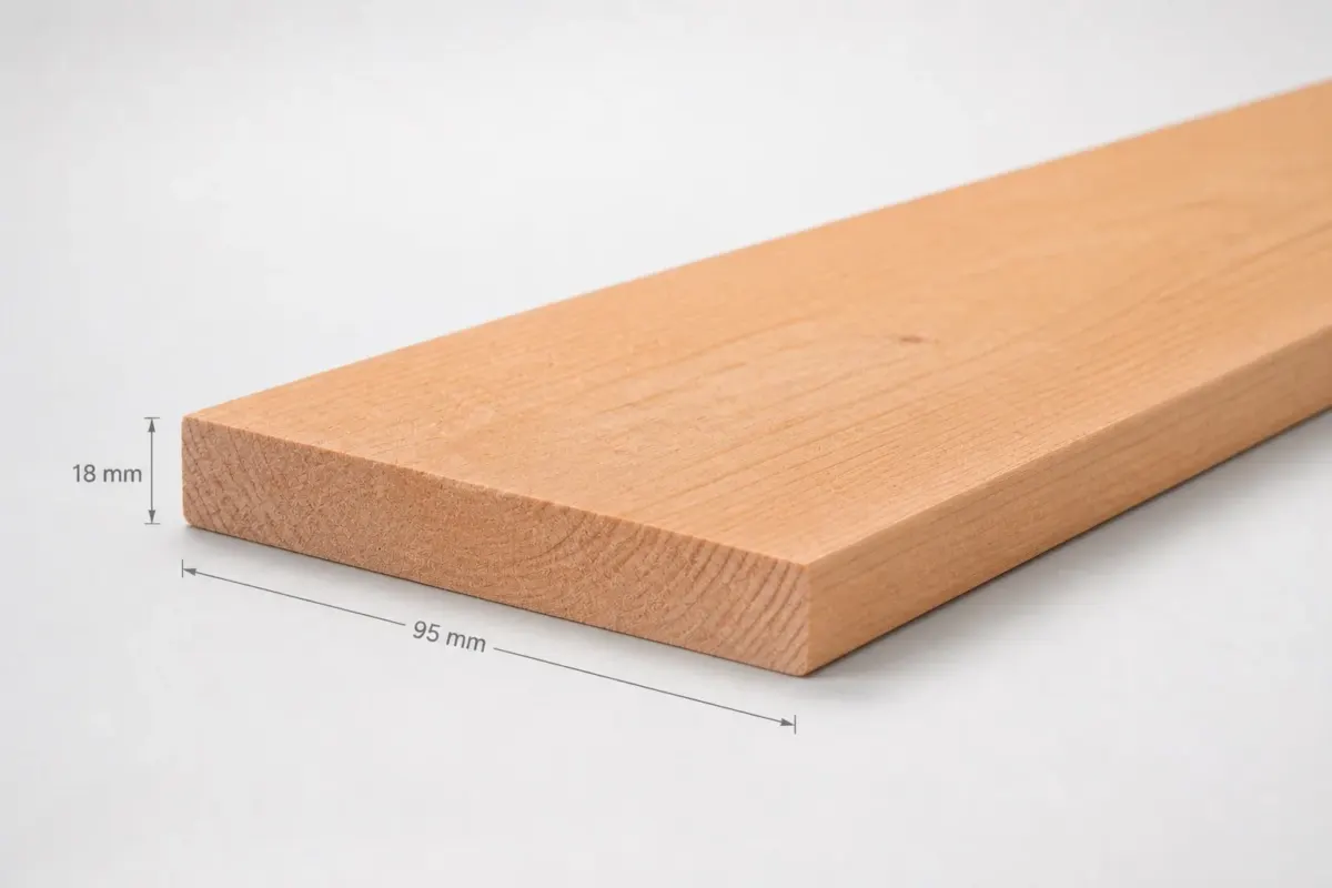 Geschaafde douglas plank 18 x 95 mm met maataanduiding van 18 mm dik en 95 mm breed