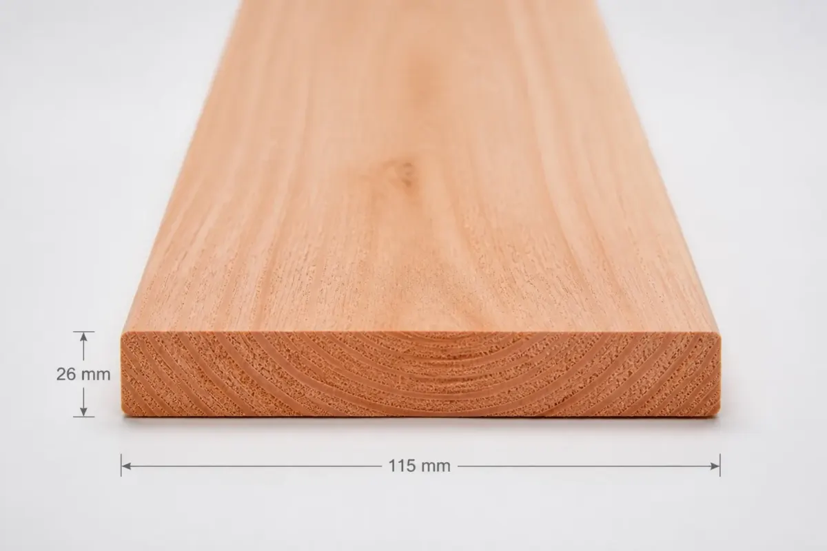 Geschaafde douglas plank 26 x 115 mm met maataanduiding van dikte en breedte