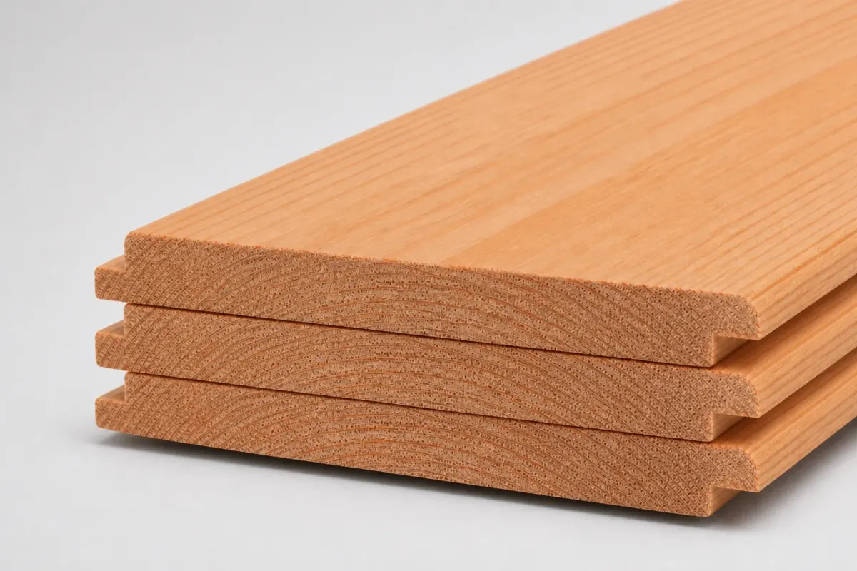 Stapel van drie douglas shiplap planken 18 x 130 mm met zichtbaar sponningprofiel
