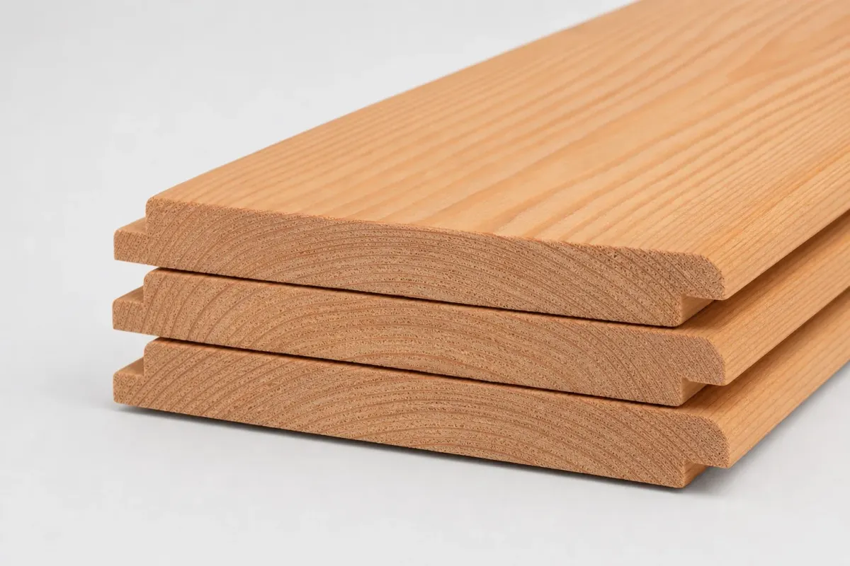 Stapel van drie douglas shiplap planken 18 x 180 mm met het sponningprofiel in beeld