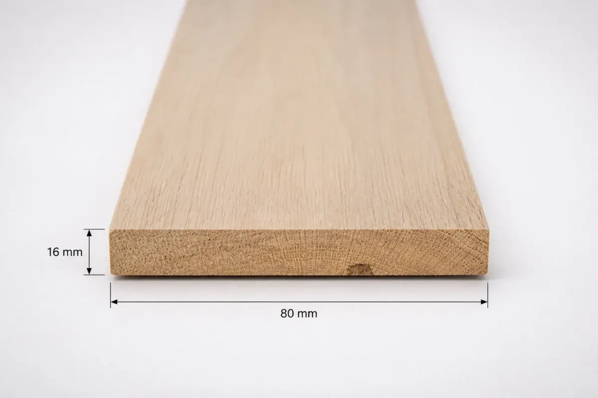 Geschaafde eiken plank 16 x 80 mm KD met maataanduiding van 16 mm dik en 80 mm breed