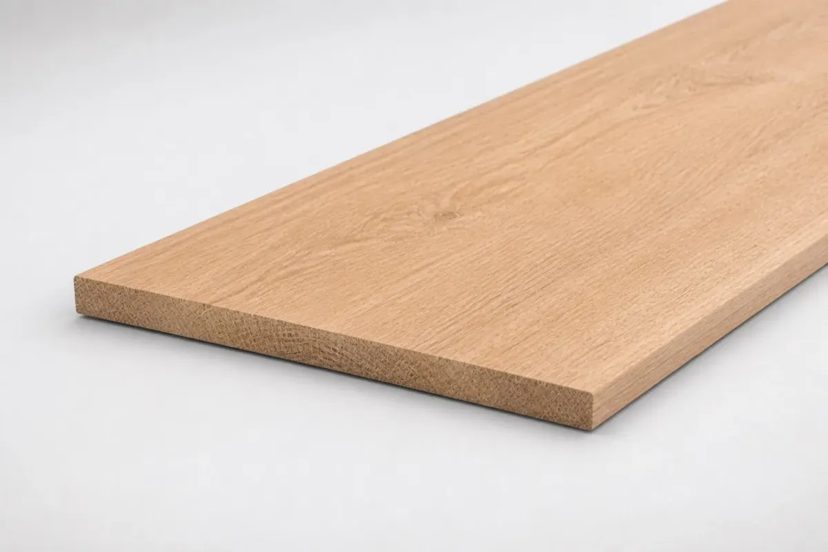 Geschaafde eiken plank 18 x 80 mm KD schuin in beeld met zichtbare kopse kant