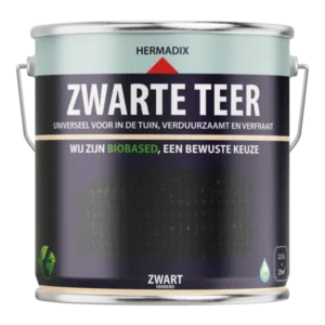 Blik Hermadix zwarte teer van 2,5 liter, dekkende zwarte beits voor in de tuin
