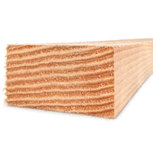 Douglas balk fijnbezaagd 50 x 100 mm met grove zaagstructuur op de zijkant en kopse kant vooraan
