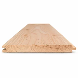 Douglas mes en groef plank geschaafd 18 x 135 mm met de kopse kant en messing in beeld
