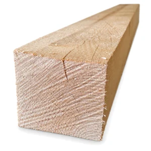 Douglas paal fijnbezaagd 150 x 150 mm met ruwe zaagstructuur en droogscheur in de kopse kant