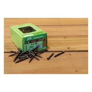 Doos hardhoutschroeven met dubbele draad torx T25 5,0 x 50 mm RVS A2 brons op een douglas plank