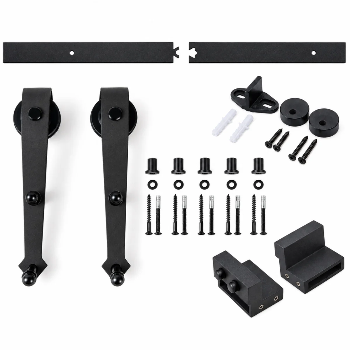 Complete set schuifdeurbeslag puntig model 2000 mm zwart met rail, wielhangers en toebehoren