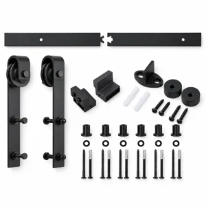 Complete set schuifdeurbeslag recht model 2000 mm zwart met rail, wielhangers en schroeven