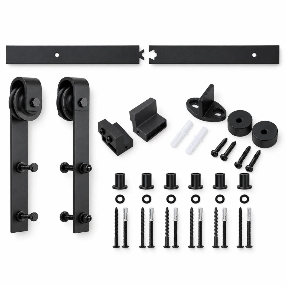 Complete set schuifdeurbeslag recht model 2000 mm zwart met rail, wielhangers en schroeven