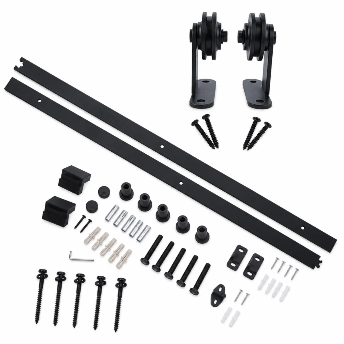 Complete set schuifdeurbeslag T-model 2000 mm zwart met rail, T-hangers en bevestiging