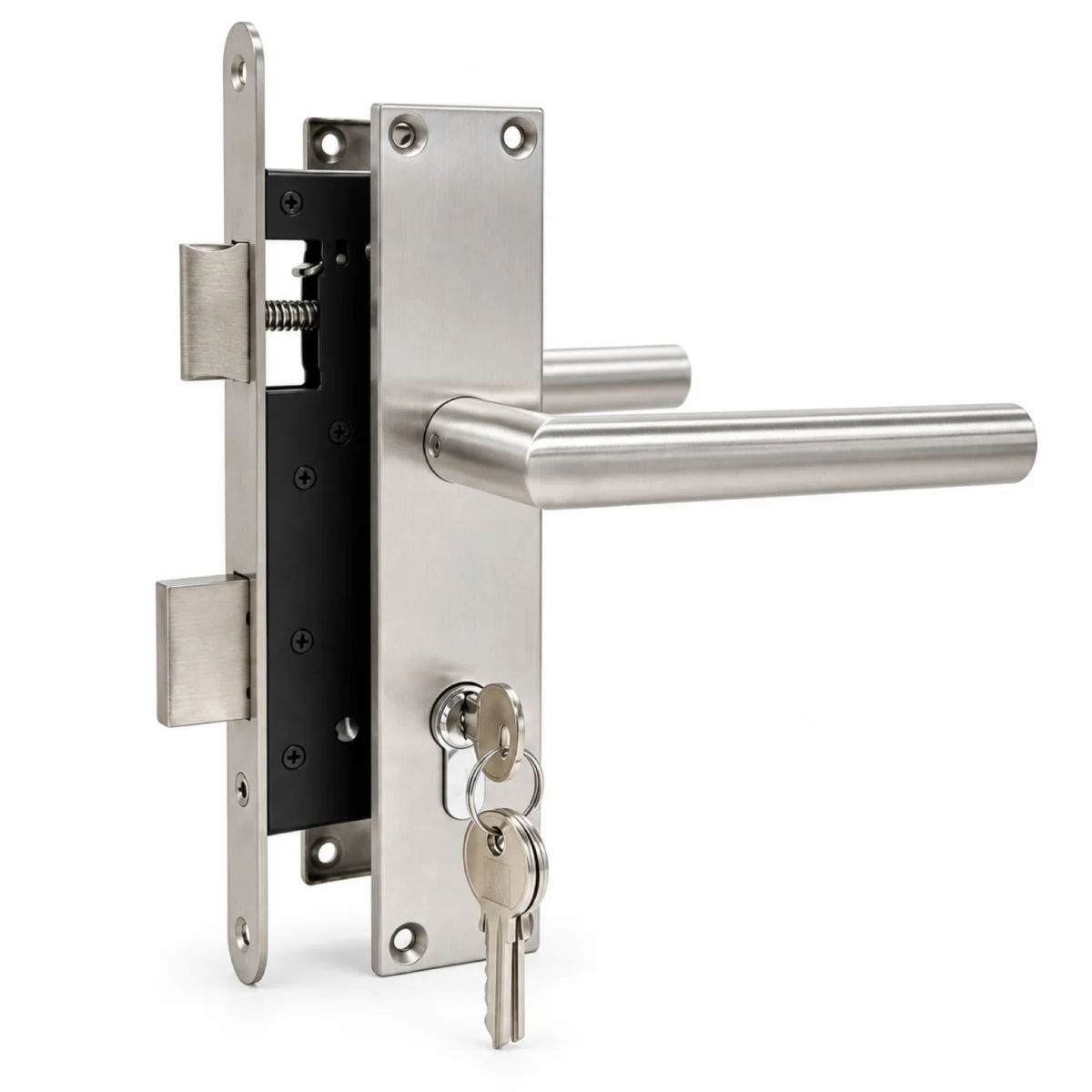 RVS slotset voor tuindeur 72 x 165 mm met kruk, langschild, insteekslot en sleutels