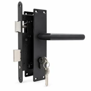Zwarte slotset voor tuindeur 72 x 165 mm met kruk, insteekslot en twee sleutels