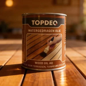 Blik Topdeq Wood Oil AQ op een houten terras, watergedragen olie voor terrasplanken