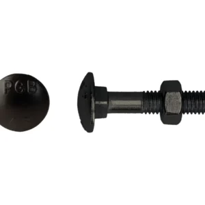 Zwarte slotbout DIN 603 M8 x 55 mm met moer, kopaanzicht en zijaanzicht